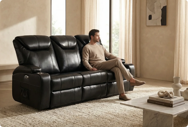 Cinemax Black Electric Leather 3 Seater Recliner Sofa With Two Cup Holders