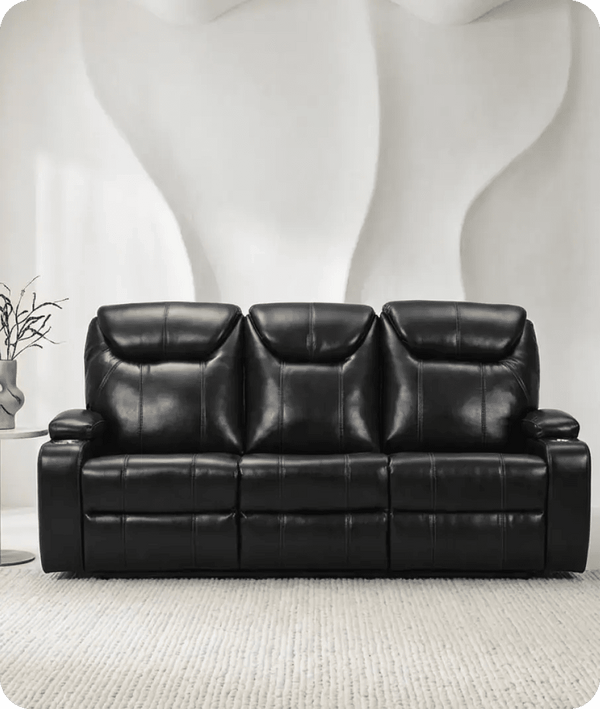 Cinemax Black Electric Leather 3 Seater Recliner Sofa With Two Cup Holders