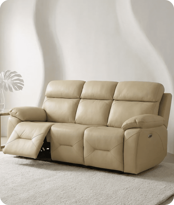 Milano Genuine Leather Cream Electric Power Recliner 3 Seater Sofa