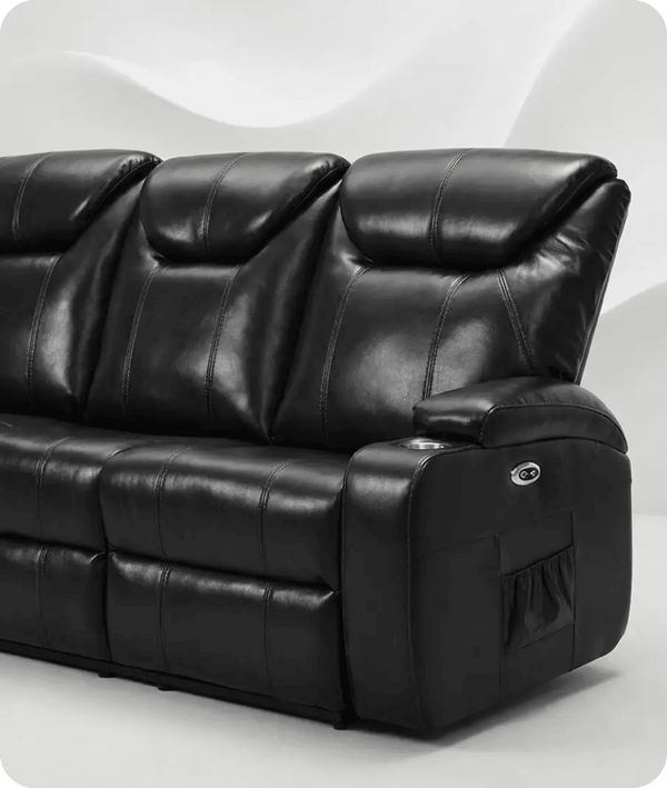 Cinemax Black Electric Leather 3 Seater Recliner Sofa With Two Cup Holders
