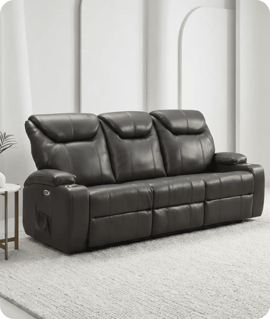 Cinemax Grey Electric Leather 3 Seater Recliner Sofa With Two Cup Holders