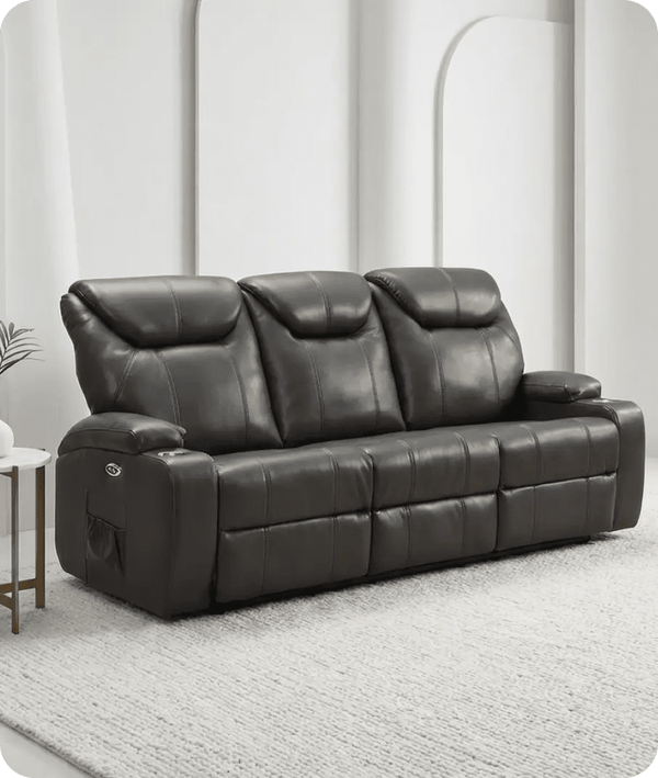 Cinemax Grey Electric Leather 3 Seater Recliner Sofa With Two Cup Holders