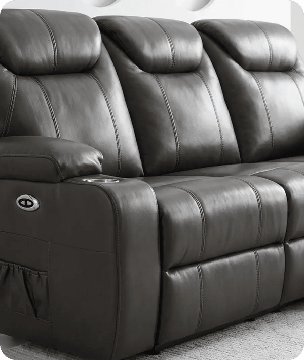 Cinemax Grey Electric Leather 3 Seater Recliner Sofa With Two Cup Holders