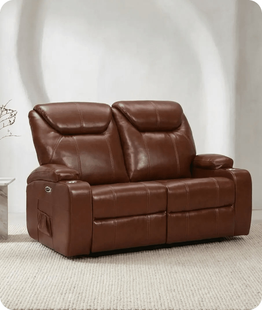 Cinemax Tan Electric 2 Seater Leather Recliner Sofa With Two Cup Holders