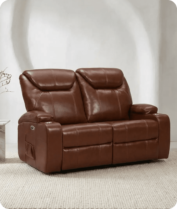 Cinemax Tan Electric 2 Seater Leather Recliner Sofa With Two Cup Holders