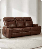 Cinemax Tan Electric Leather 3 Seater Recliner Sofa With Two Cup Holders