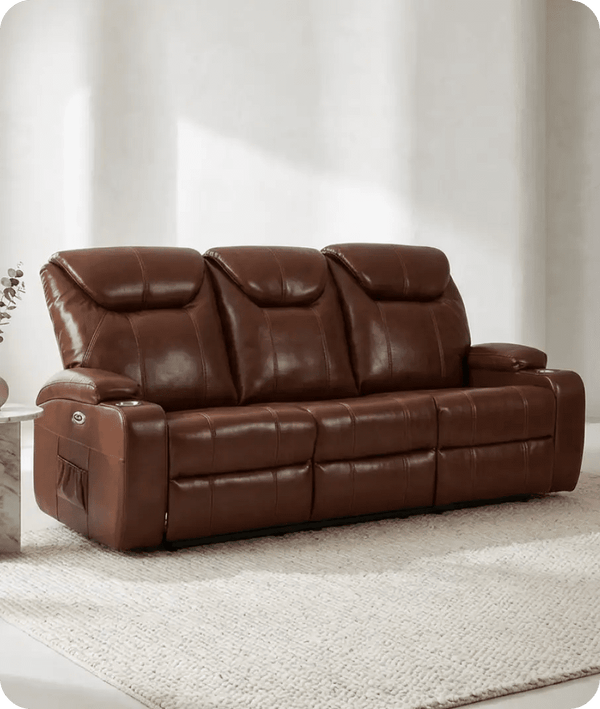 Cinemax Tan Electric Leather 3 Seater Recliner Sofa With Two Cup Holders