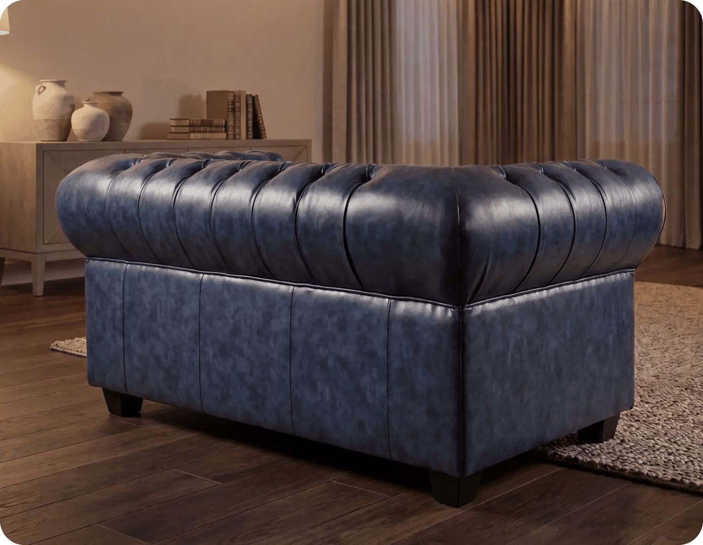 Chesterfield Blue Leather Antique 2 Seater Sofa