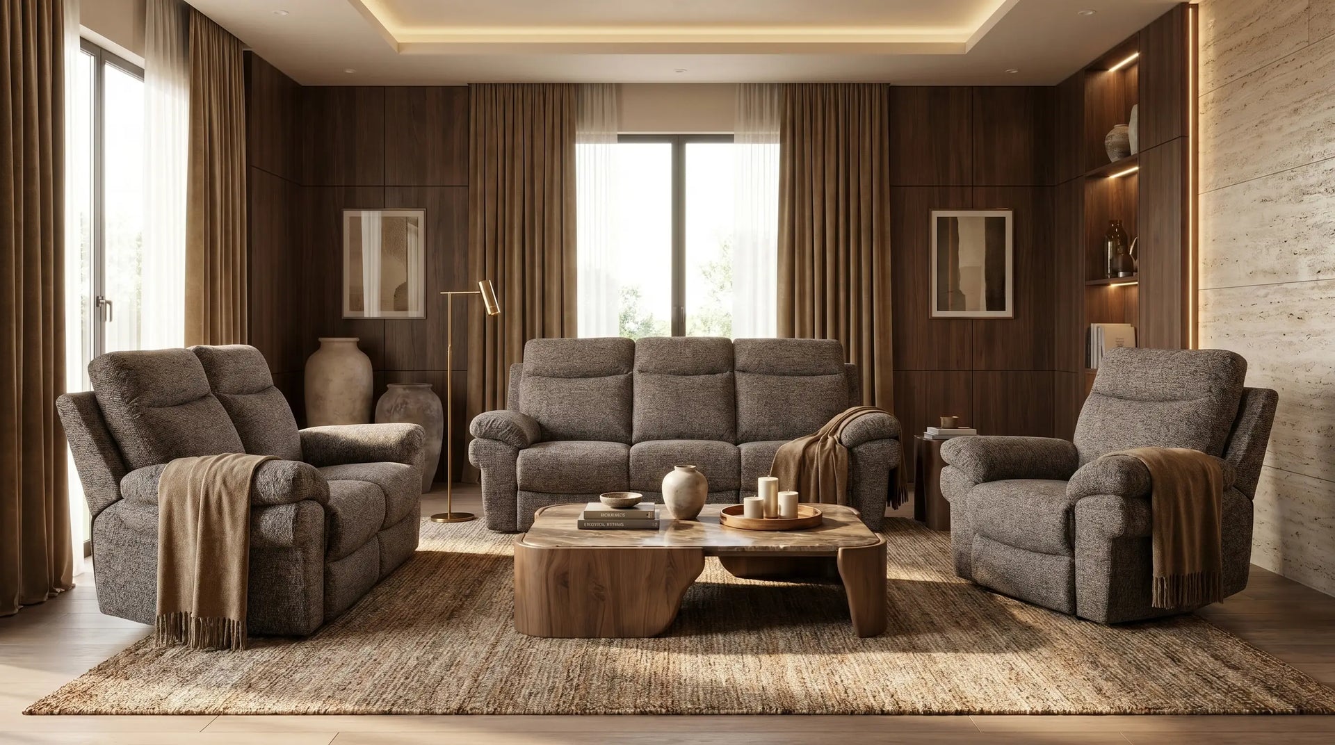 Modern living room with gray sofa, armchairs, and wooden coffee table.