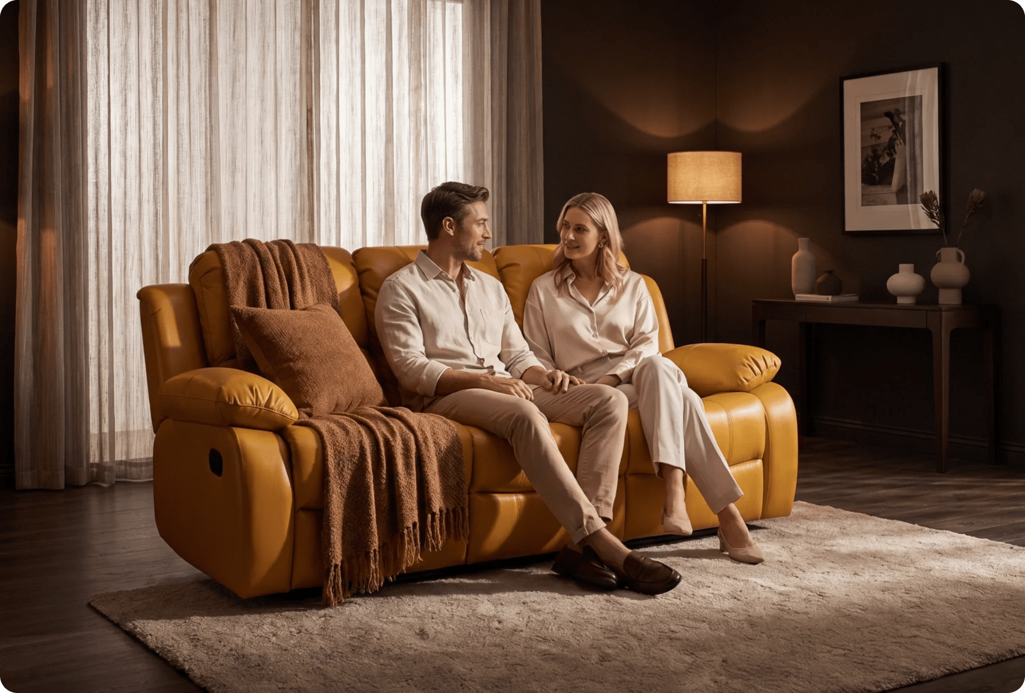 York Mustard Leather Manual Recliner 3 Seater Sofa