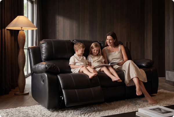 York Black Leather 3 Seater Manual Recliner Sofa