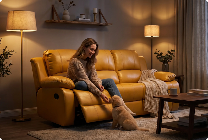 York Mustard Leather Manual Recliner 3 Seater Recliner Sofa