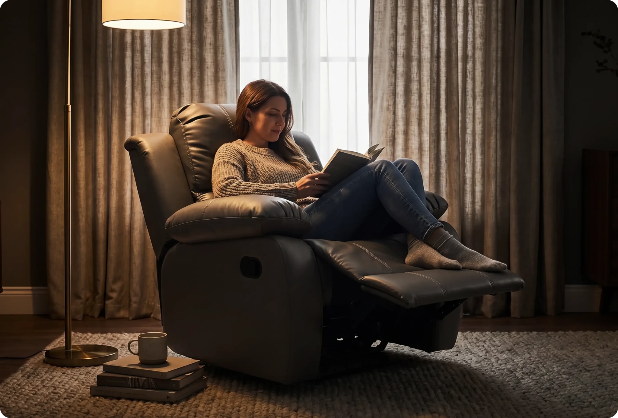 York Grey Leather Manual Recliner Armchair