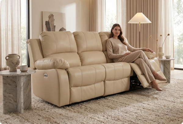 York Cream Leather Electric Recliner 3 Seater Sofa