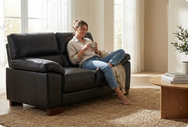 Dalmore Genuine Leather Black 2 Seater Sofa