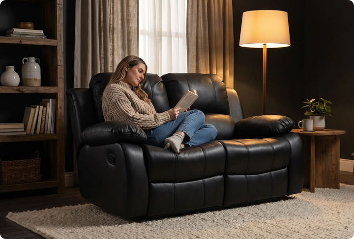 York Black Leather 2 Seater Manual Recliner Sofa