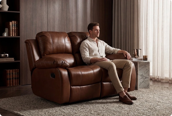 York Tan Leather 2 Seater Manual Recliner Sofa