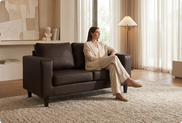 Woman sitting on a brown leather sofa in a modern living room.