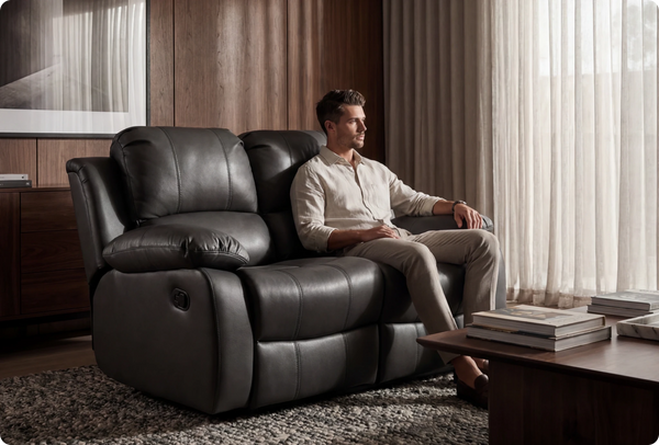 York Grey Leather 2 Seater Manual Recliner Sofa
