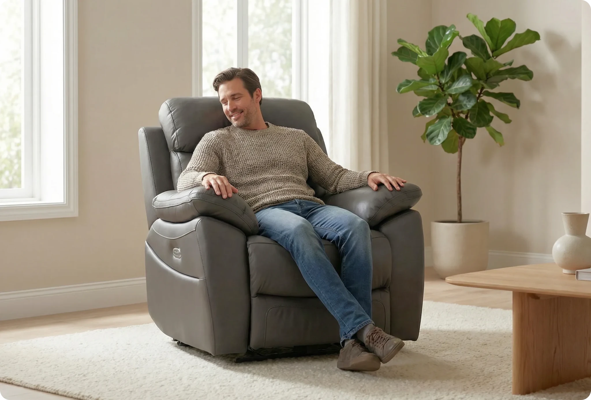 Torino Genuine Leather Grey Electric Power Recliner Armchair