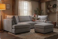 Mayfair Silver  Fabric U Shape High Back Corner Sofa + Footstool