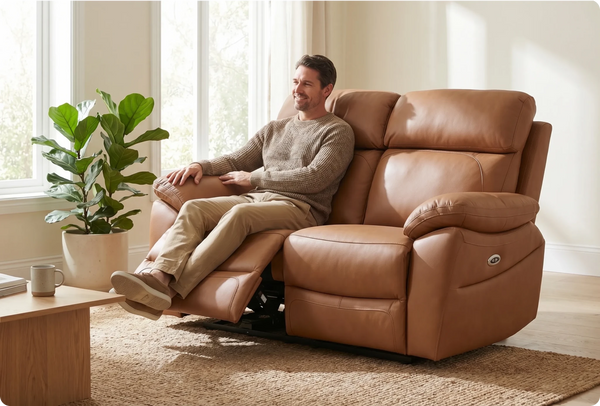 Torino Genuine Leather Caramel Electric Power Recliner 2 Seater Sofa