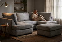 Mayfair Grey Fabric U Shape High Back Corner Sofa + Footstool