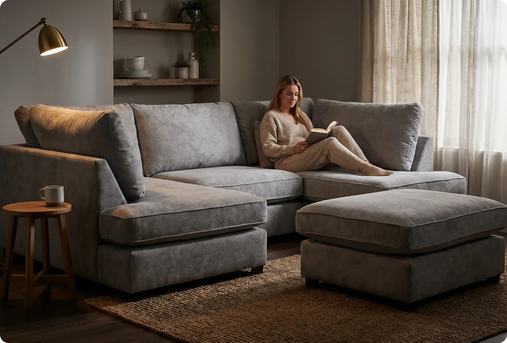 Mayfair Grey Fabric U Shape High Back Corner Sofa + Footstool