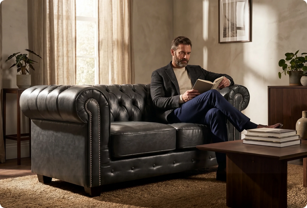 Windsor Classic Grey Leather Antique 2 Seater Sofa
