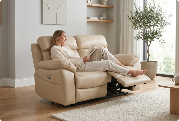 Torino Genuine Leather Cream Electric Power Recliner 2 Seater Sofa