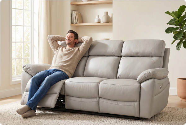 Torino Genuine Leather Light Grey Electric Power Recliner 3 Seater Sofa