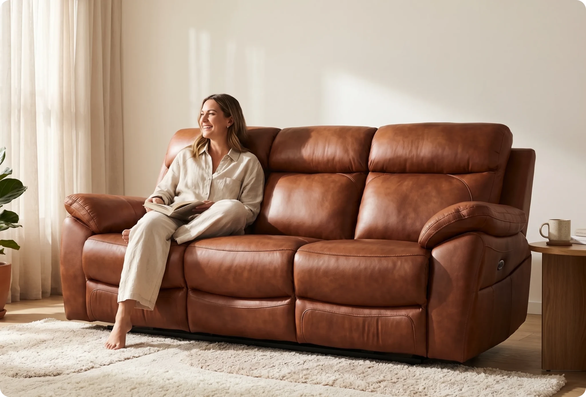 Torino Genuine Leather Tan Electric Power Recliner 3 Seater Sofa