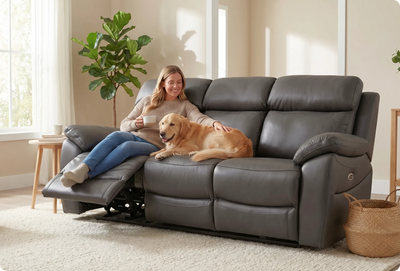 Torino Genuine Leather Grey Electric Power Recliner 3 Seater Sofa