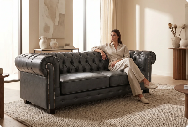 Windsor Classic Grey Leather Antique 3 Seater Sofa