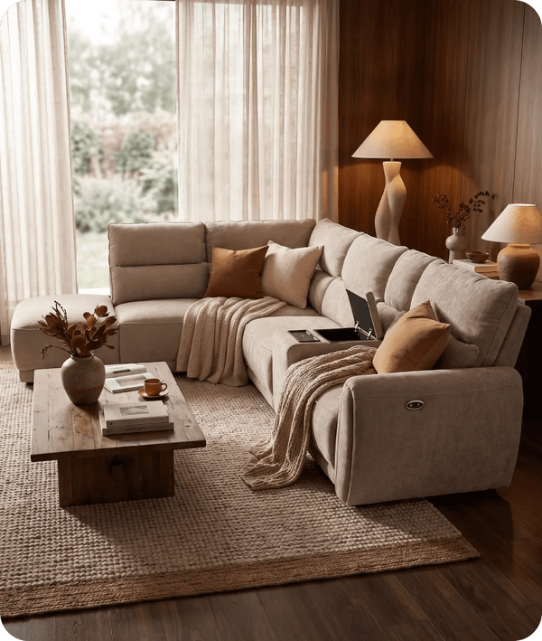 Manchester Fabric Biscuit Electric Recliner Left Hand Corner Sofa