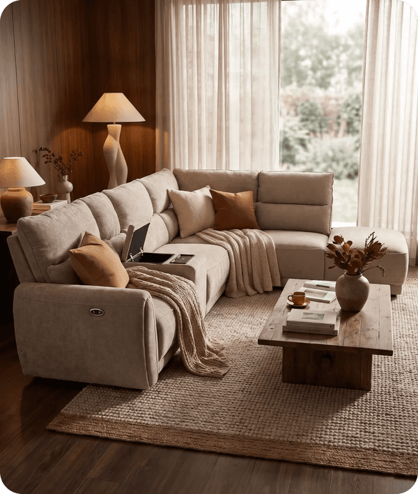 Manchester Fabric Biscuit Electric Recliner Right Hand Corner