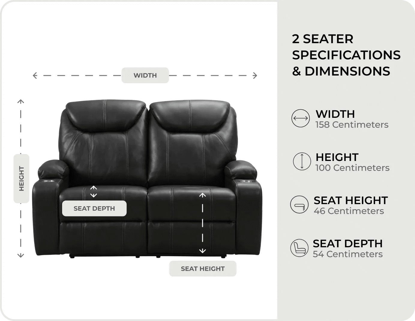 Cinemax Black Electric 2 Seater Leather Recliner Sofa With Two Cup Holders