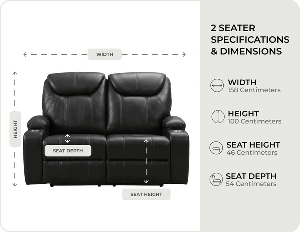 Cinemax Black Electric 2 Seater Leather Recliner Sofa With Two Cup Holders