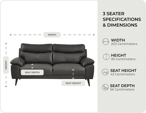 Ascot Grey Leather 3 seater measurements