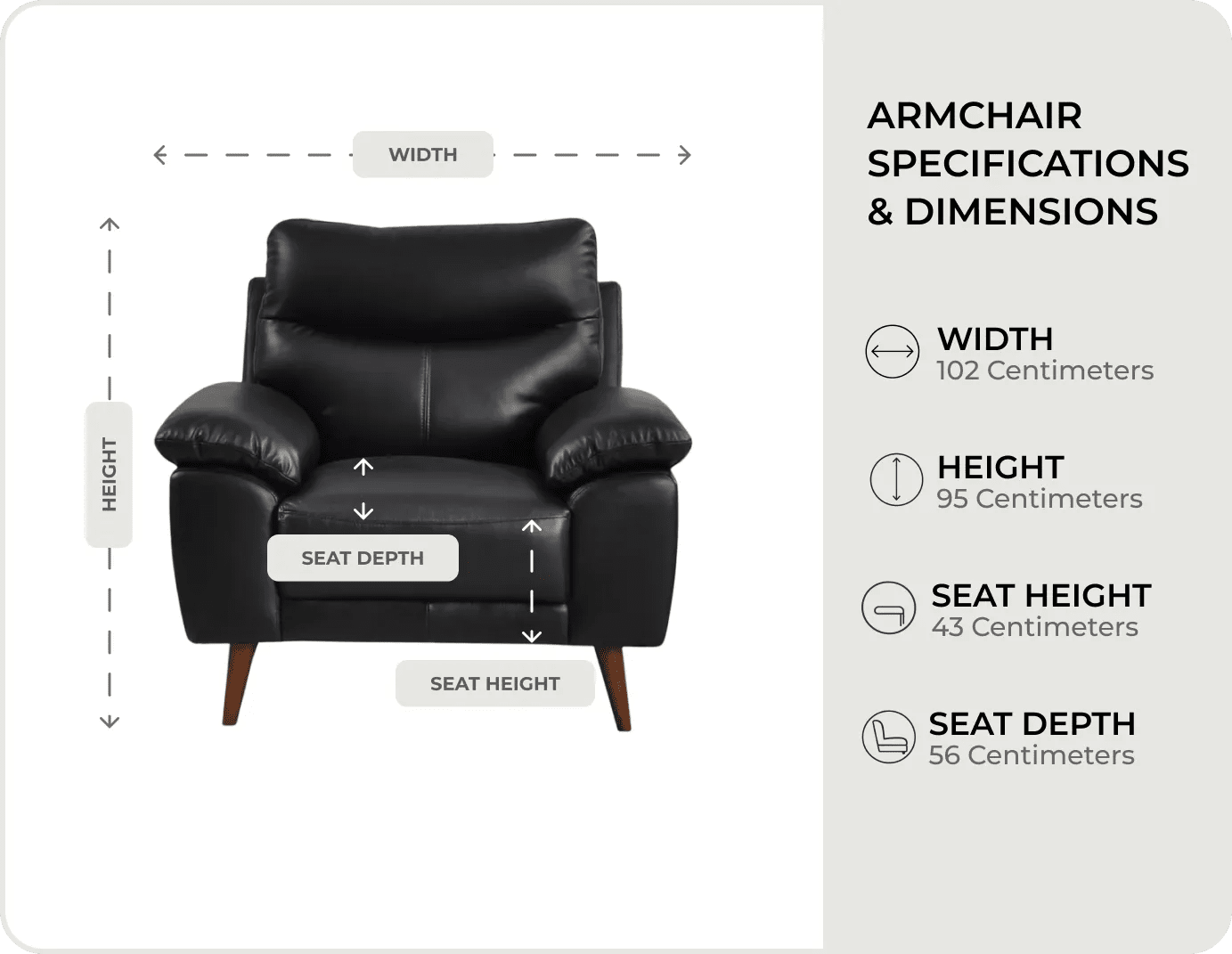 Ascot black Leather Armchair measurements