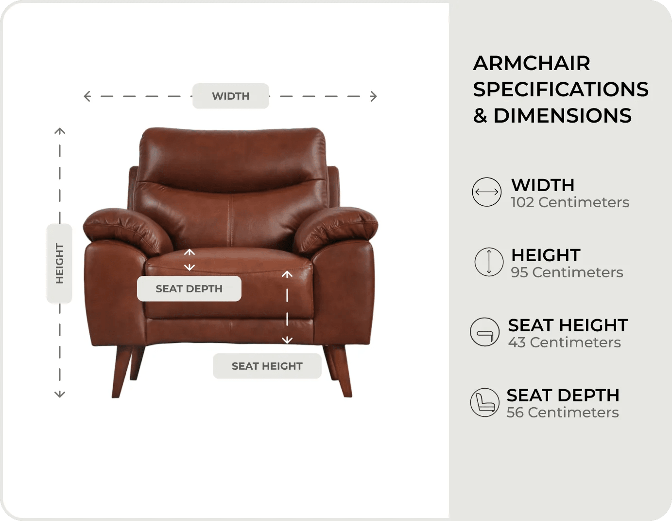 Ascot Genuine Leather Tan Armchair measurements