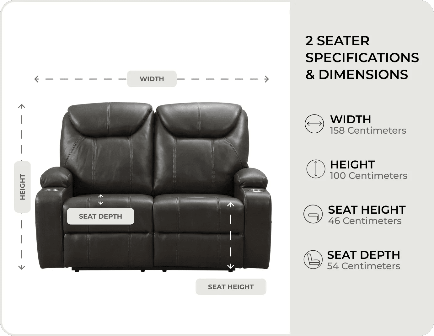 Cinemax Grey Electric 2 Seater Leather Recliner Sofa With Two Cup Holders