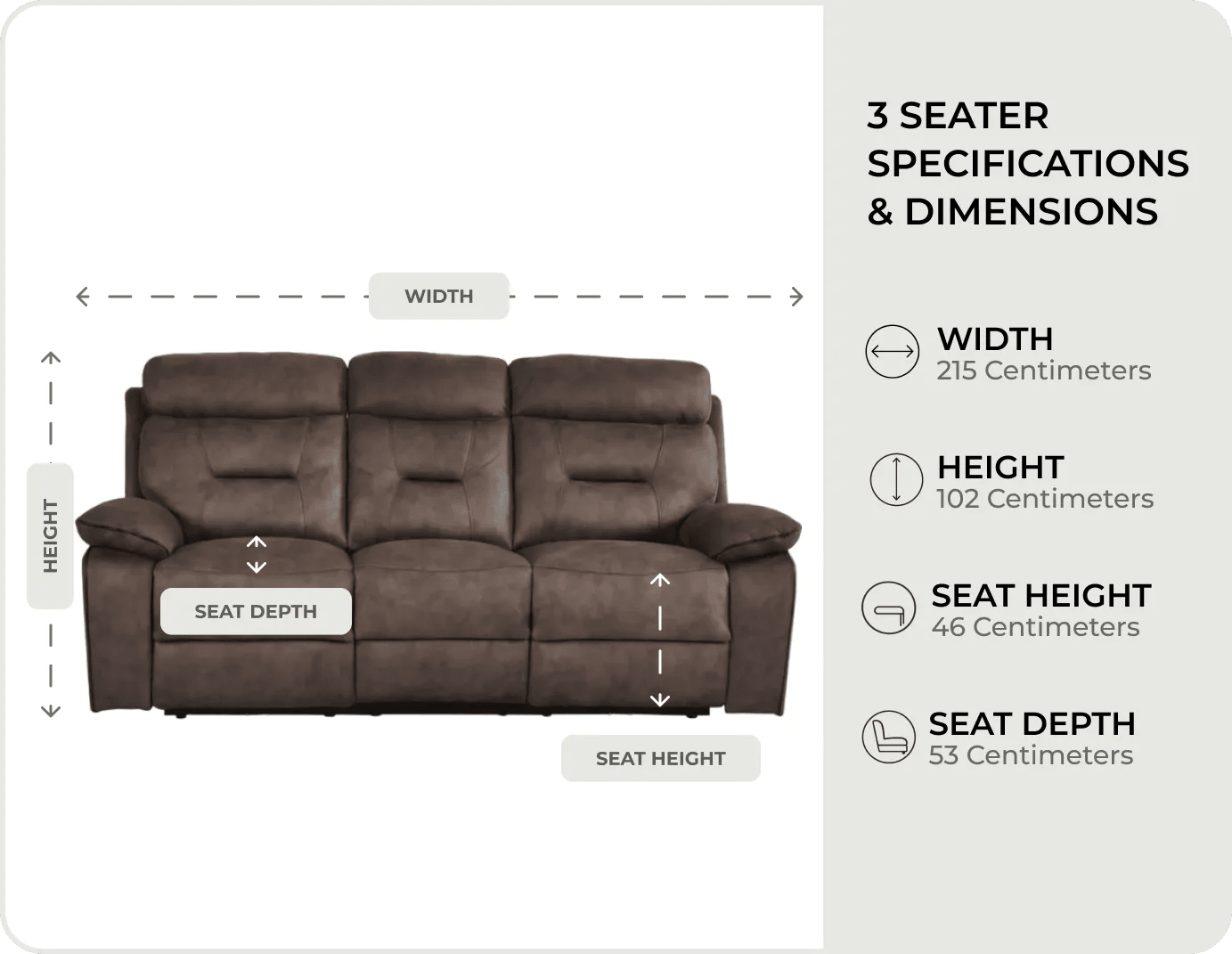 Foster Brown Fabric Electric Recliner 3 Seater Sofa measurements