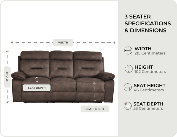 Foster Brown Fabric Electric Recliner 3 Seater Sofa measurements