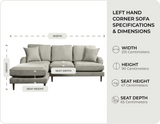 Durham Silver Fabric Left Hand Corner Sofa measurements