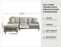 Durham Silver Fabric Left Hand Corner Sofa measurements