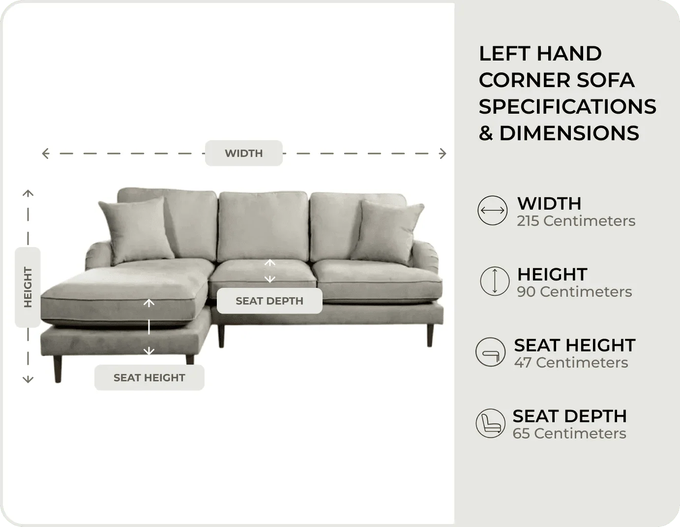 Durham Silver Fabric Left Hand Corner Sofa measurements