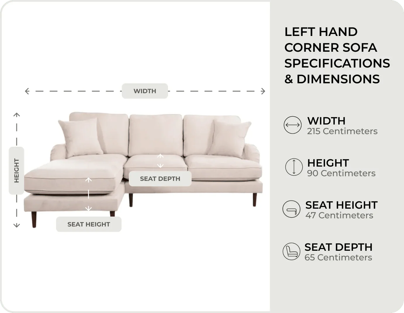 Durham Beige Fabric Left Hand Corner Sofa measurements