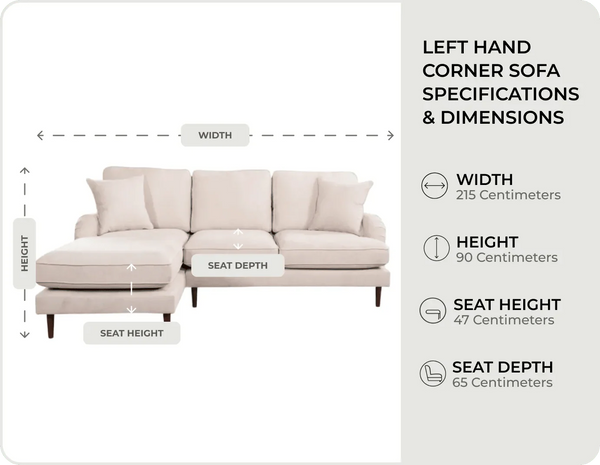 Durham Beige Fabric Left Hand Corner Sofa measurements