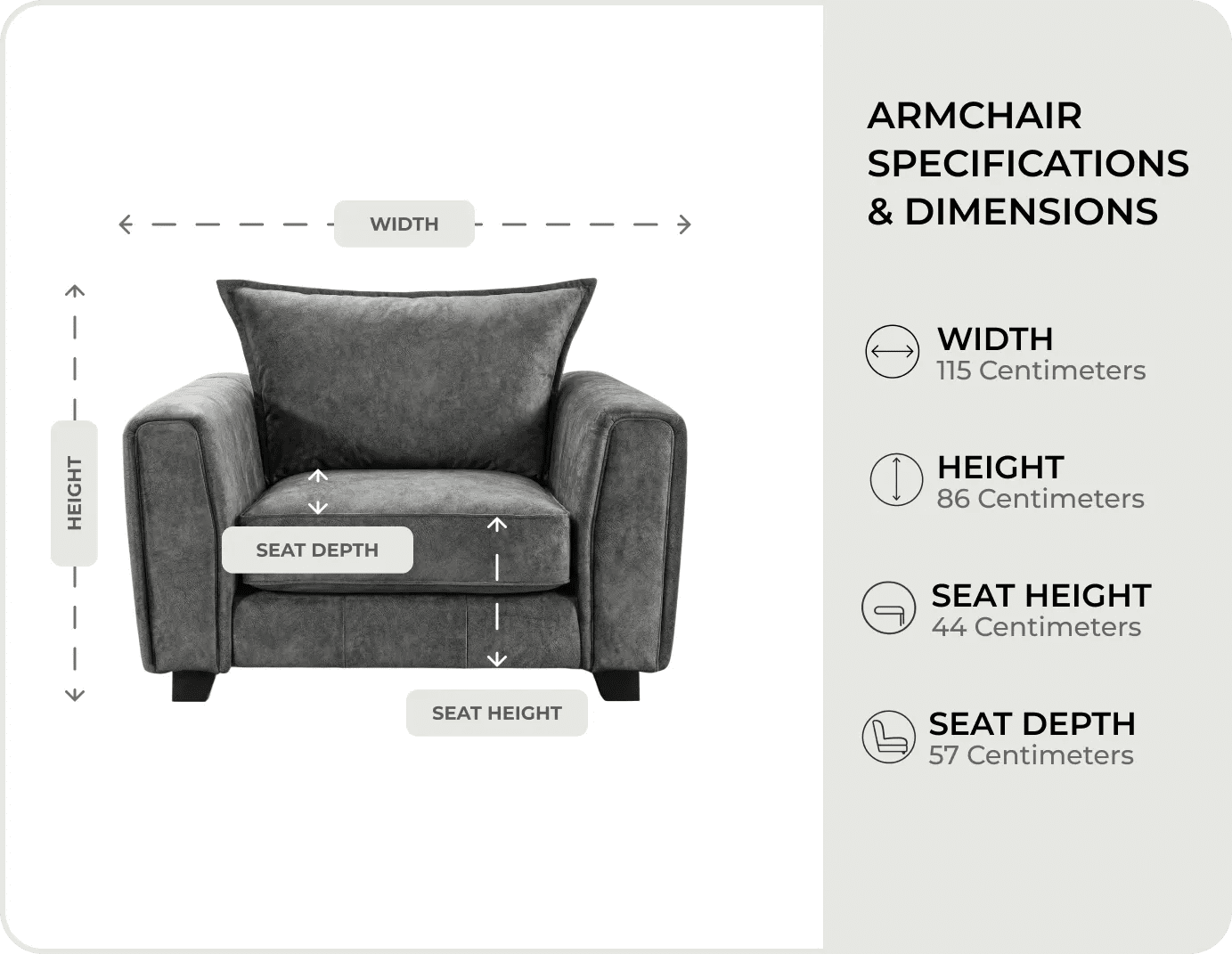Richmond Grey Fabric Armchair measurements